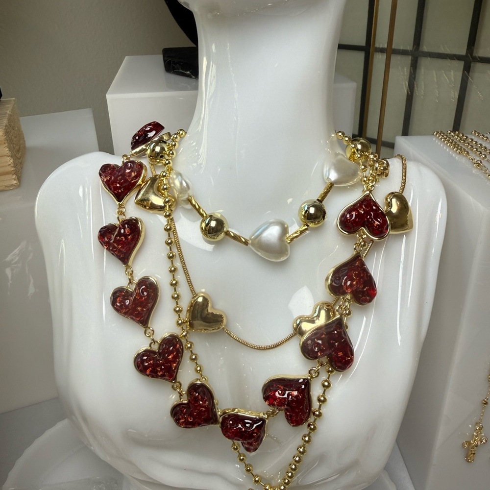 Gold and Red Heart Necklace Set